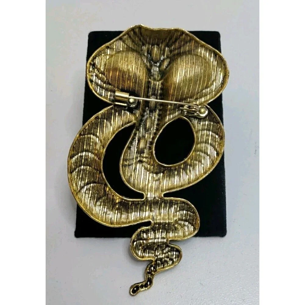 King Cobra Snake Brooch  4” Blue & Gold Tone Cobra Snake Enamel Rhinestone NEW